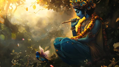 Forest flute dreamscape with tranquil blue deity and bird.