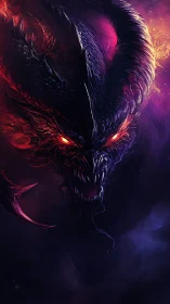 Horned demonic creature portrait in fiery nebula glow.