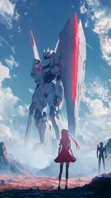 Girl confronts towering white mecha under vast blazing sky
