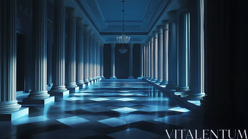 Moonlit colonnade bathed in soft blue glow and quiet grace.