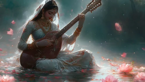 Lotus pond quietly listens as the veena weaves moonlit hymns