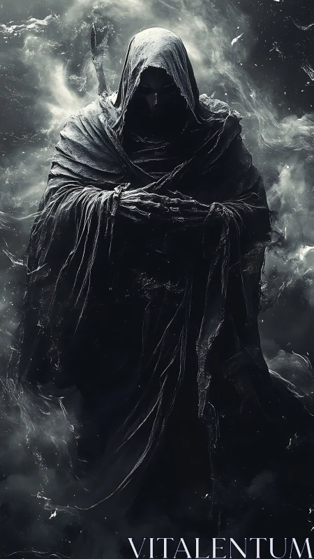 Shrouded reaper figure waits calmly within swirling shadow mist