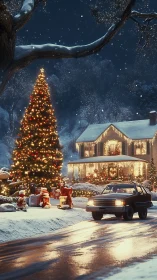 Snow-covered suburban house with lit tree and parked car.