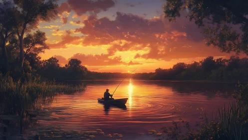 Solitary fisher cradles sunset ripples on a quiet river