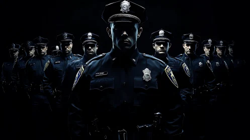 Line of uniformed police officers in dark studio lighting.