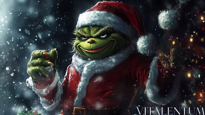 Digital painting of sinister festive creature in Santa attire.