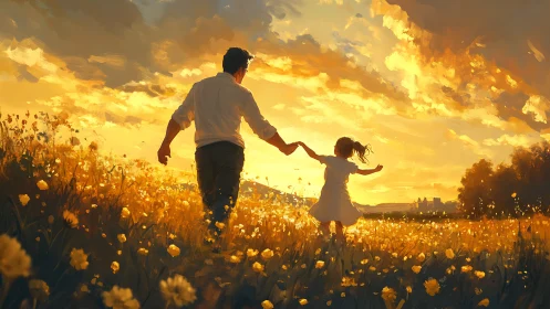 Golden Hour Dreamwalk: Father and Child Through Dandelion Bliss.