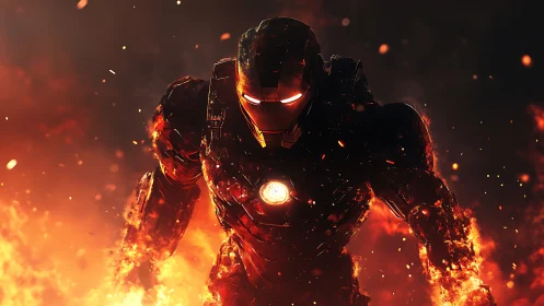 Armored firewalker strides through molten embers of night