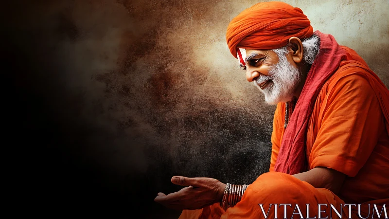 Laughing sage in saffron robes cradling quiet desert light.