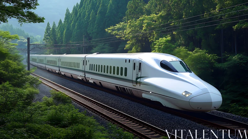 High speed white train moves through dense green forest