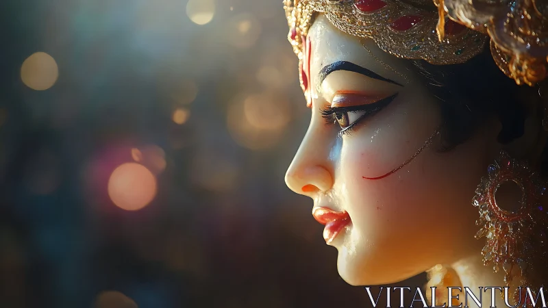 Photorealistic side profile of ornate devotional sculpture portrait.