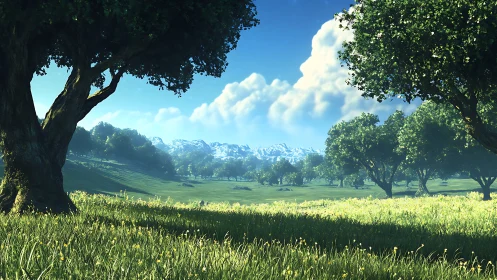 Sunlit meadow path opening toward distant snowy peaks.