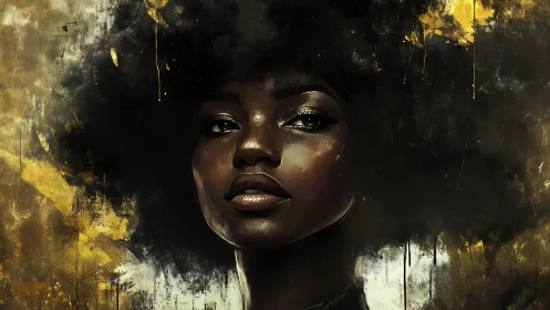 Golden abstract portrait with luminous afro silhouette.
