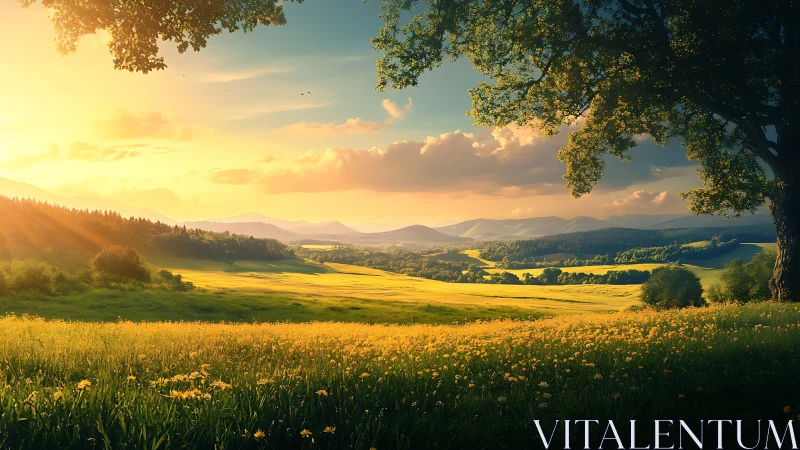 Golden hour meadow panorama with distant rolling mountains