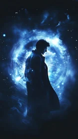 Midnight wanderer drifting before a cosmic blue portal.
