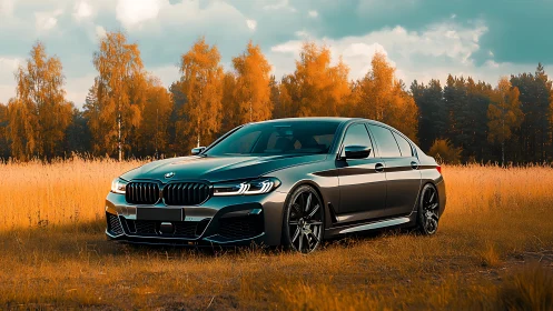 Sport sedan rendered in warm autumn field with cinematic grading