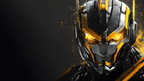 Cybernetic combat helmet glows with molten amber optics