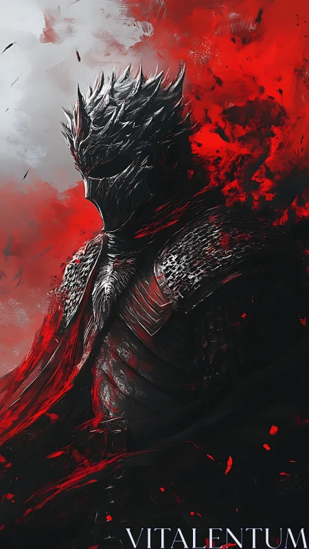 Infernal knight clad in jagged armor amid crimson storm.