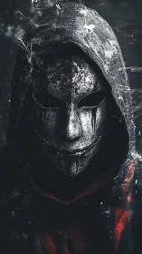 Mysterious masked figure in a hood steps from the shadows