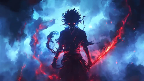 Shadow warrior ignites twin crimson energy blades in storm.