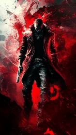 Gun-wielding antihero strides through explosive red chaos