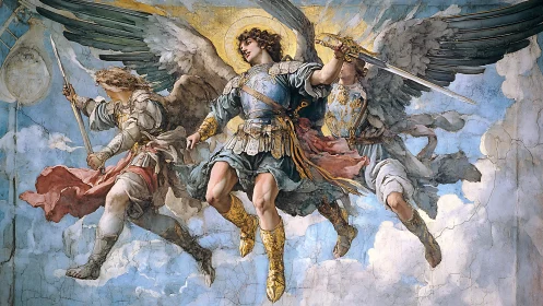 Radiant armored angels soar through clouds with shining resolve