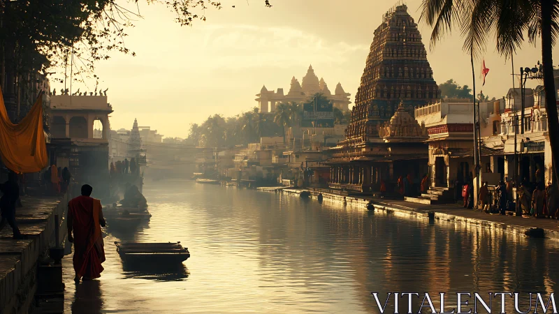 Sunlit riverside temple city with reflective morning water.