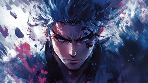 Stoic blue-haired male figure in intense frontal portrait.