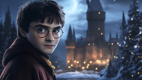 Young wizard portrait before snowy moonlit castle.