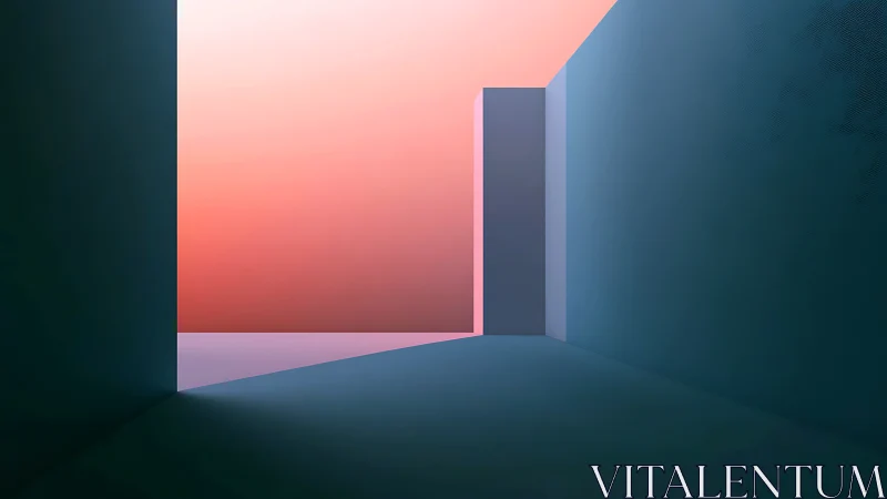 Geometric corridor volume with gradient skylight and hard-edged shadows