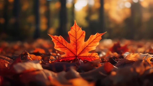 Quiet forest glow around a single sunlit autumn leaf.