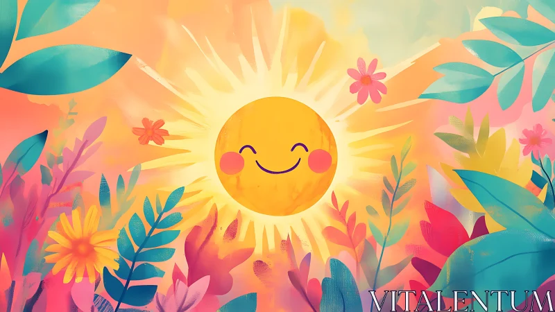Smiling sun illustration over lush foliage in neon pastels.