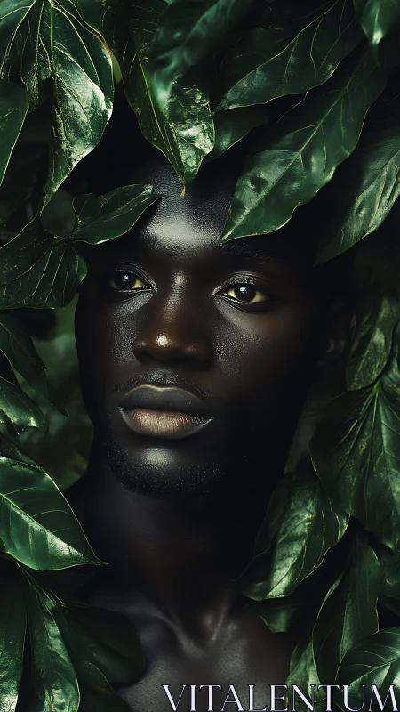 Photorealistic portrait framed by dense glossy foliage.