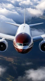 Sleek passenger jet cuts through sunlit clouds in flight