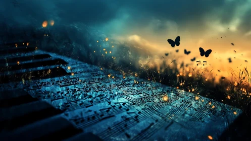 Piano keys dissolve into glowing musical butterflies at dusk.