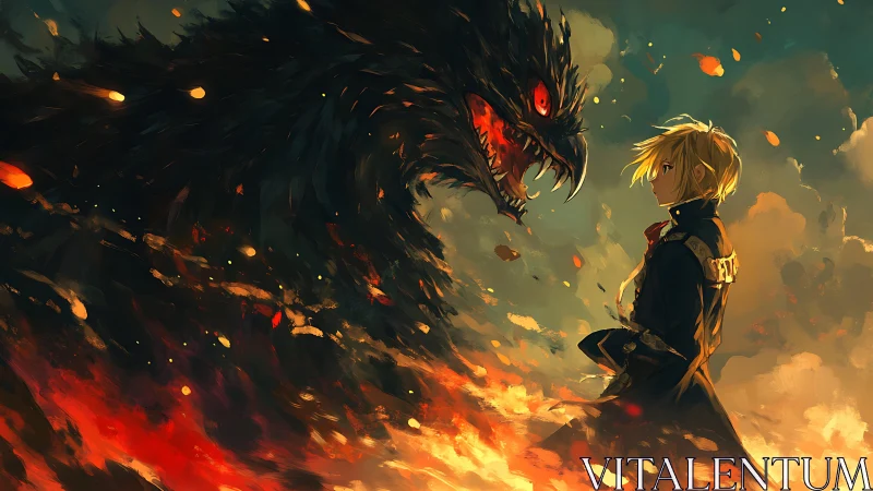 Human figure facing large fiery dragon in swirling flames.