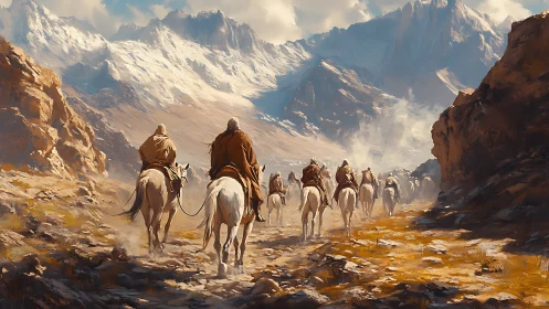 Digital painting caravan in glacial mountain pass panorama.