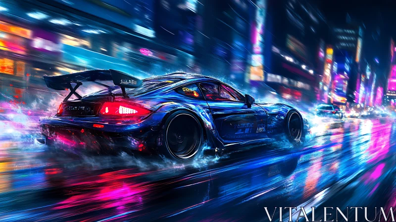 Neon street racer car in wet futuristic cityscape.