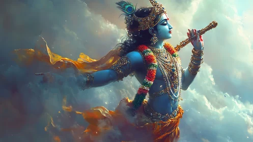 Digital painting of divine flutist amid luminous storm clouds.