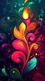 Floral flame rises through neon swirling abstract foliage.