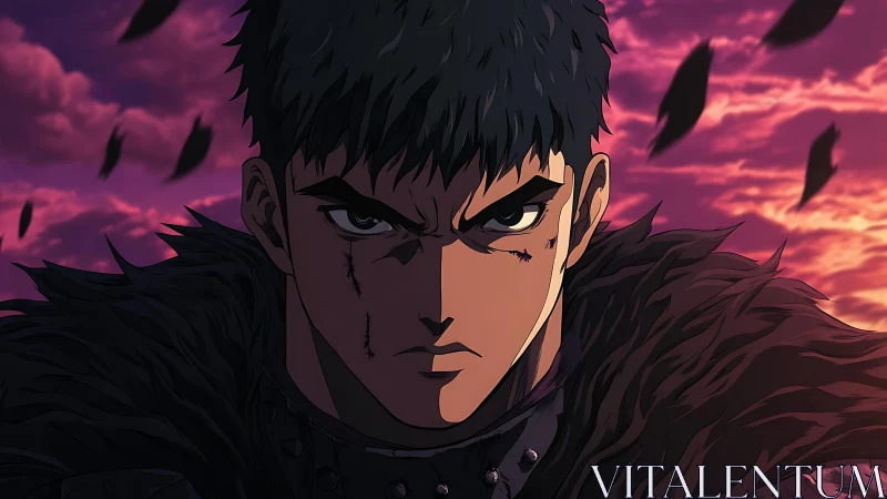 Brooding anime warrior under blood-red twilight sky.