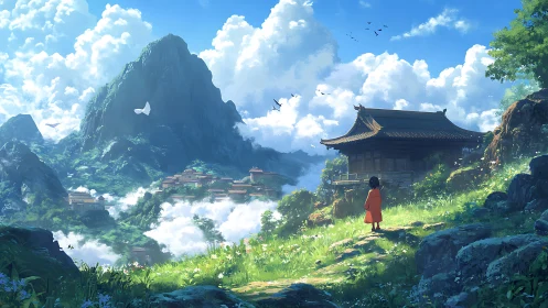 Mountain temple vista with child overlooking cloud valley.