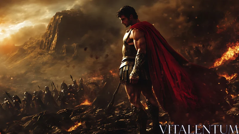 Warrior in crimson cape pauses before the storm of battle.