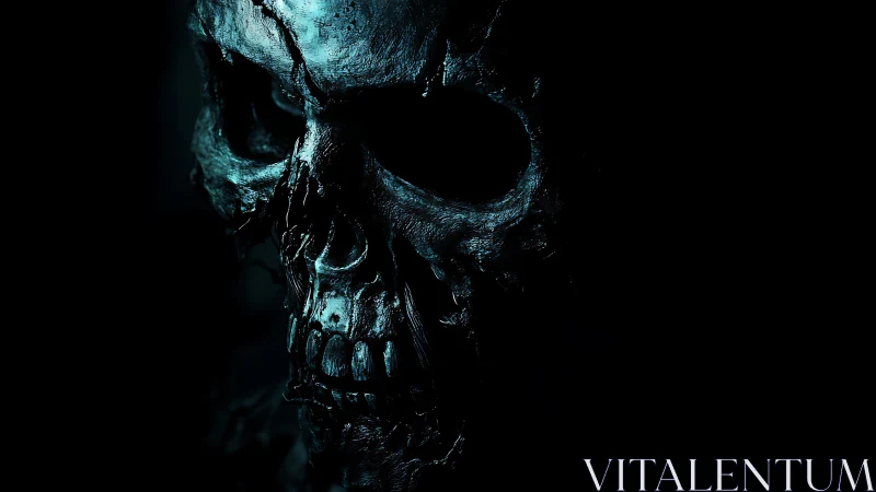 Corroded metallic skull in low key cyan rim lighting study.