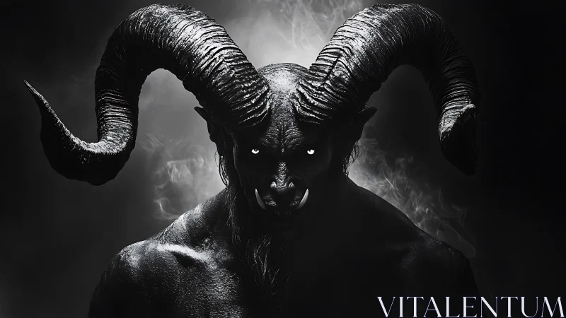 Horned shadow guardian with glowing eyes in smoky night.