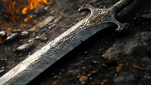 Ornate fantasy sword rests on scorched battlefield ground