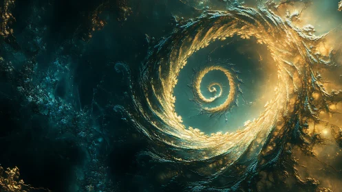 Golden cosmic spiral opens a glowing doorway in space