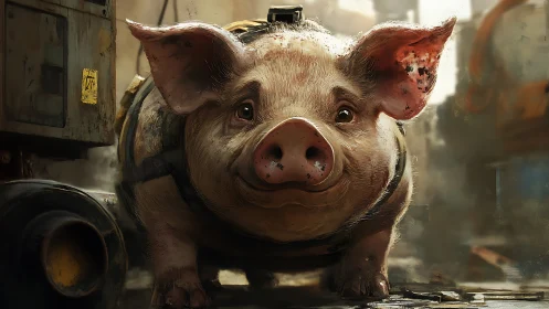 Cyberpunk pig portrait in gritty urban alleyway scene.