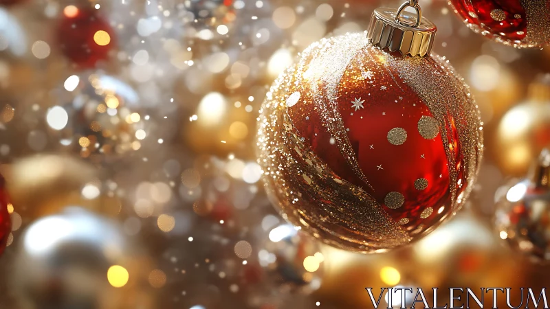 Red and gold glass bauble with glitter against blurred lights.