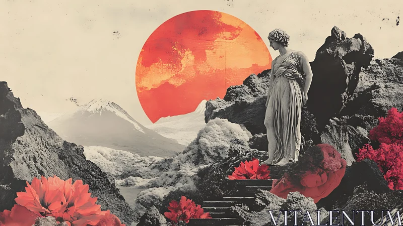 Classical marble figure in surreal volcanic landscape collage.
